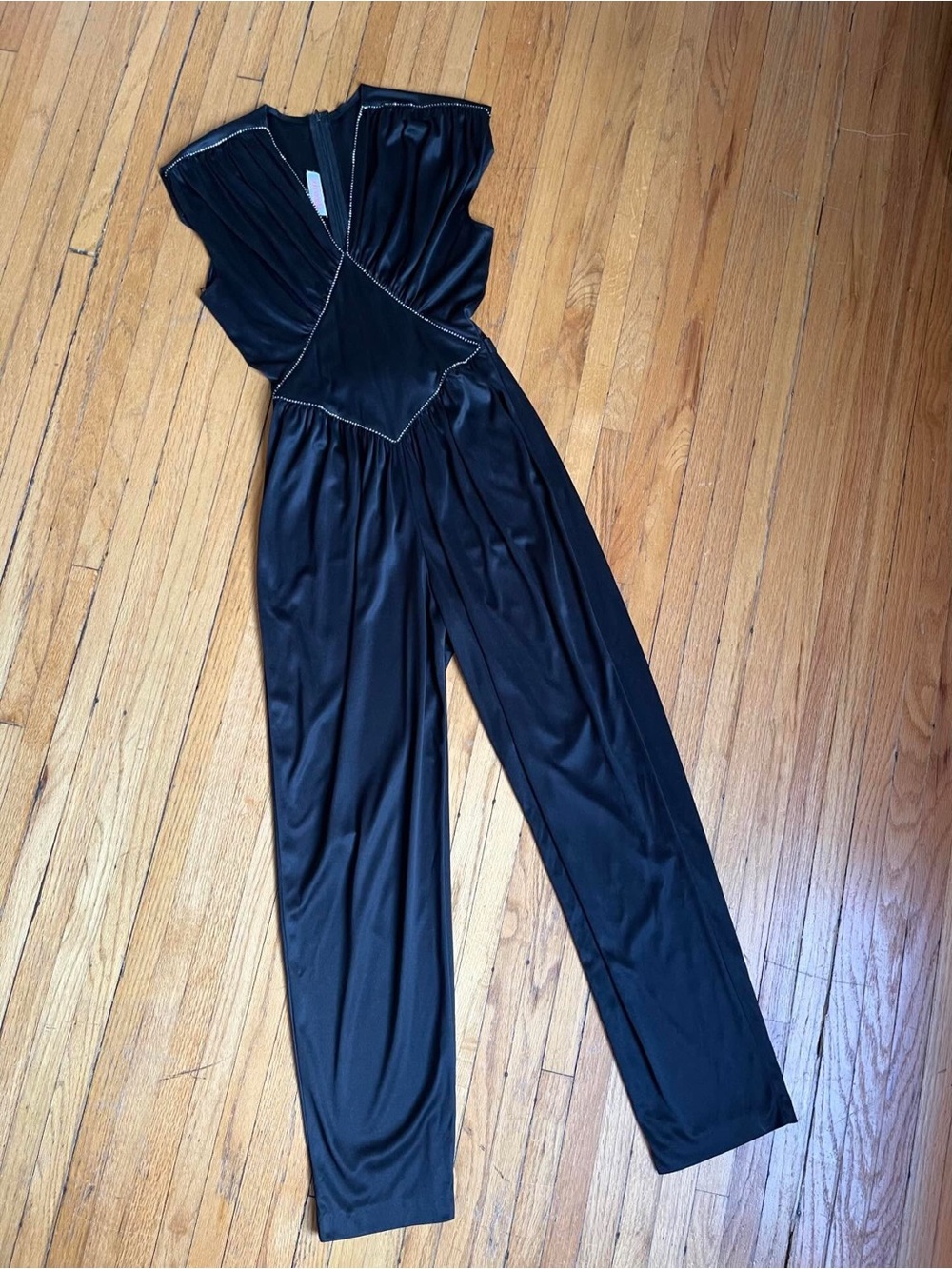 Vintage Vicky Vaughn Black Satin Rhinestone Jumpsuit 80s Glam - Picture 3 of 7